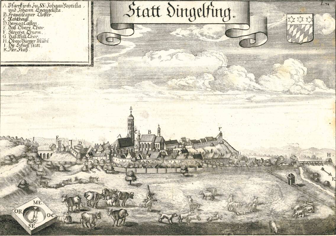 Stadt Dingolfing, Kupferstich von 1723  (Michael Wening)
