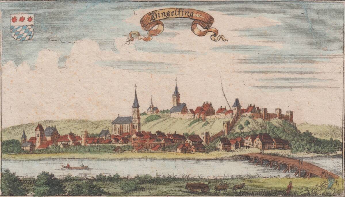 Johann Ulrich Kraus, Ansicht der Stadt Dingolfing, colorierter Kupferstich aus dem "Chur-Bayerischen Atlas",  hg. von Anton Wilhelm Ertl, 1687 